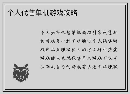 个人代售单机游戏攻略